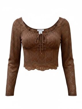 iris Brown Lace Long-Sleeve Cropped Tie-Front Top